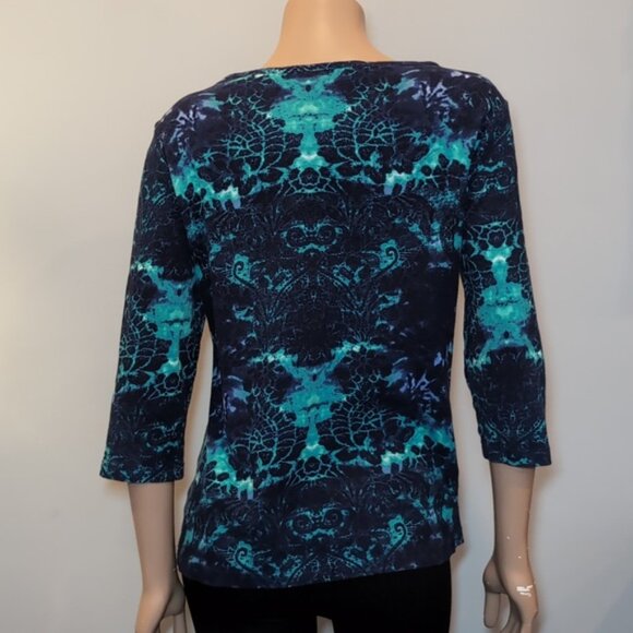 3/$20 Tribal Tye Die Damask Print Top Boho Neckline ¾ Sleeve Jewel Tone Knit - Picture 5 of 9